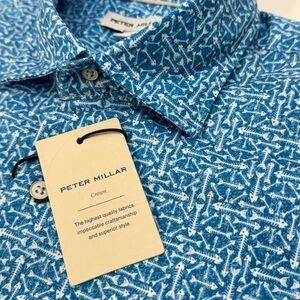 NWT Peter‎ Millar “Fin Rays” Cotton Stretch Button Shirt Blue Size SMALL $155
